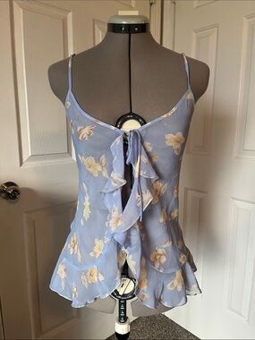 Premiere Amour Floral Chiffon Tie-Front Top, Blue & Butter Yellow, Size S